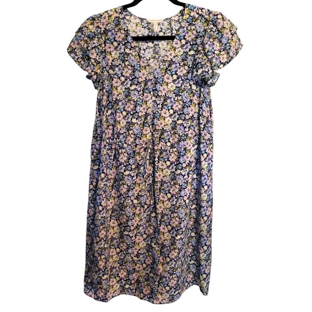 Rebecca Taylor Silk Purple Floral V Neck Drawstring Waist Dress Womens Size 0
